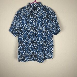 Perry Ellis Mens XL Shirt Blue Floral Leaf Print Short Sleeve Button Down Casual
